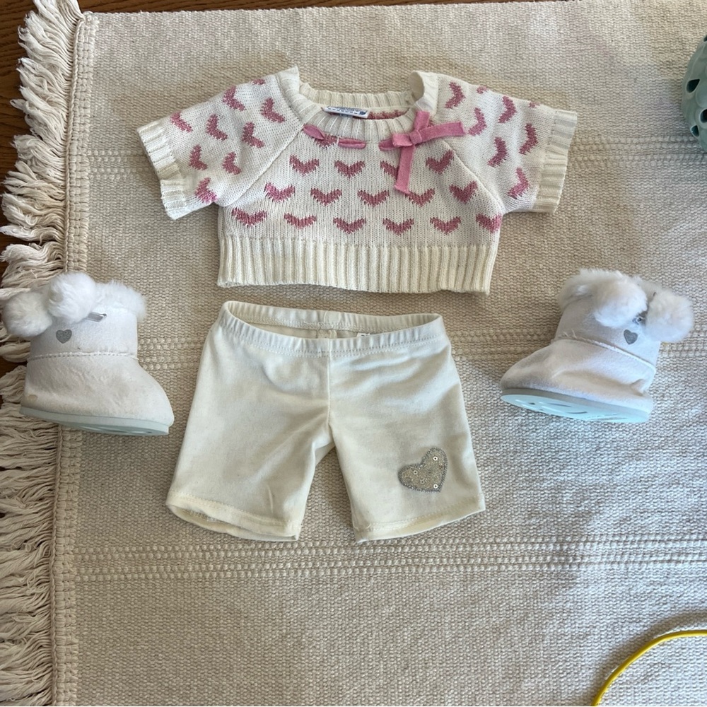 Build-A-Bear Limited Vintage Heart Sweater with Heart Shorts & Pompom Booties